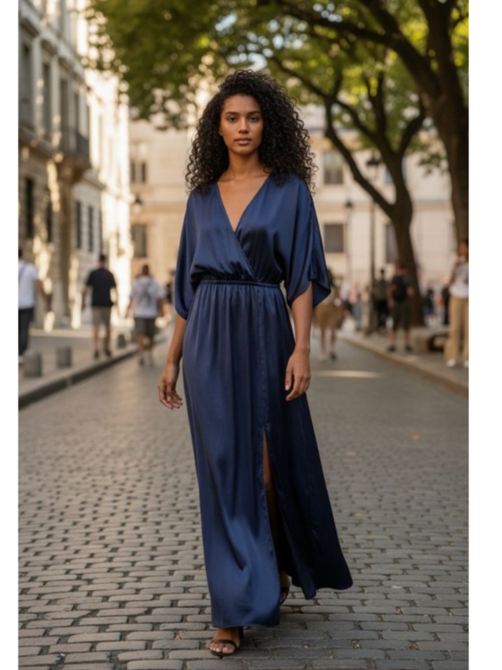 NWT Aakaa Navy Satin Kimono Wrap Maxi Dress Tie Waist Side Slit Size S